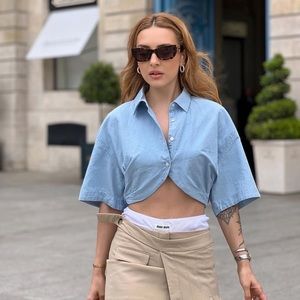 Zara Light Blue Cropped Denim Shirt